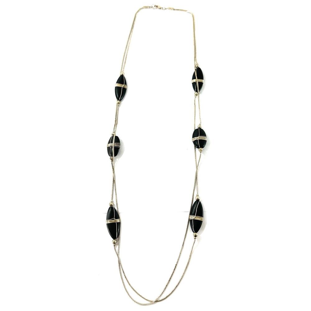 Vintage Black Stone Wire Wrapped Bead Necklace Silver Tone Double Strand 29”